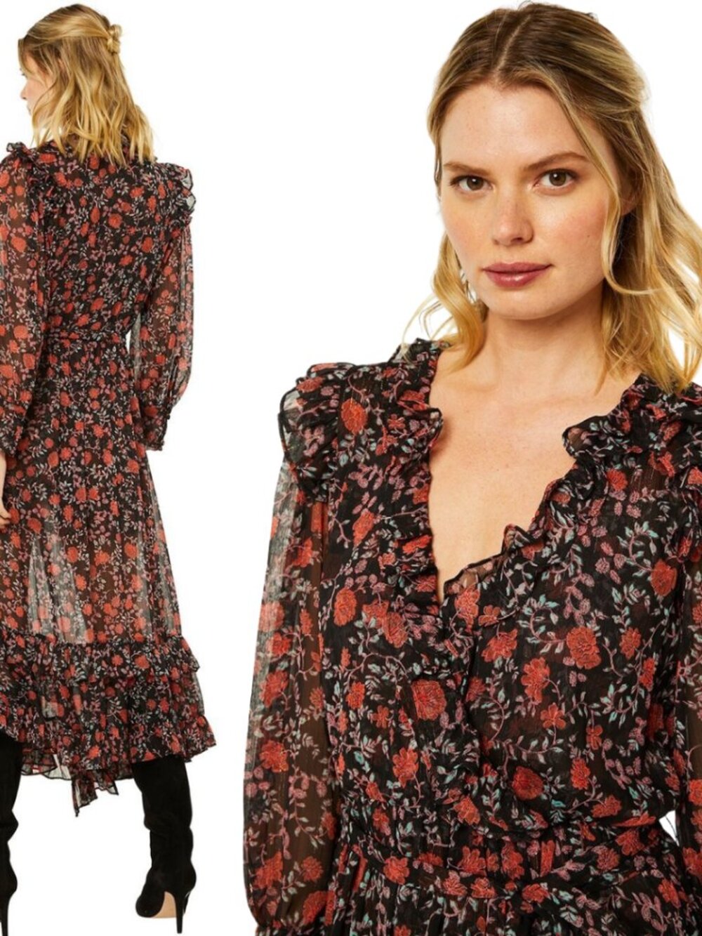 Misa Los Angeles Gabriela Wrap Maxi Dress Women's Medium Carnellian Blooms Black - Picture 3 of 16